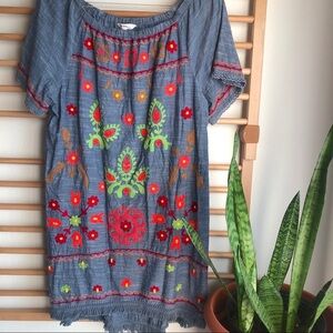 Embroidered off shoulder shift dress